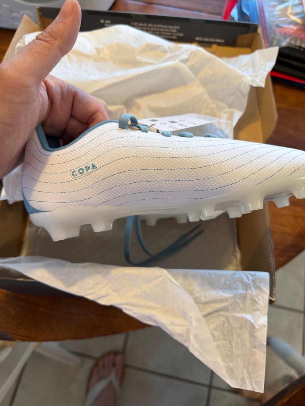 adidas Kids White and Light Blue Soccer Cleats copa pure - Picture 3 of 5